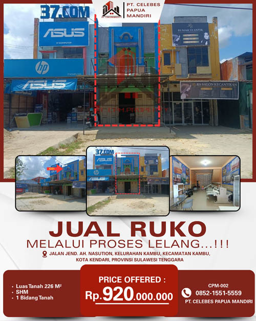 Ruko 2 Lantai di Kota Kendari, Sulawesi Selatan di Kota Kendari